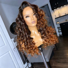 Ombre Brown Color Loose Wave Lace Frontal Wig With Pre Plucked Hairline Glueless Pre Cut HD Lace Human Hair Wigs For Women
