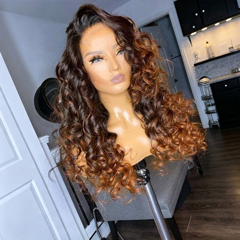 Ombre Brown Color Loose Wave Lace Frontal Wig With Pre Plucked Hairline Glueless Pre Cut HD Lace Human Hair Wigs For Women