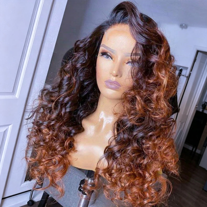 Ombre Brown Color Loose Wave Lace Frontal Wig With Pre Plucked Hairline Glueless Pre Cut HD Lace Human Hair Wigs For Women