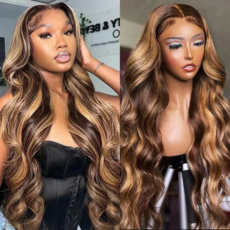 Pizazz 26 Inch Highlight 13x6 Body Wave HD Transparent Lace Front Wigs Human Hair 4/27 Honey Blonde Body Wave Lace Frontal Wig