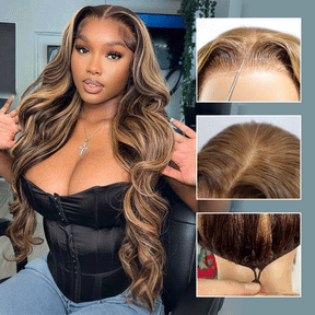 Pizazz 26 Inch Highlight 13x6 Body Wave HD Transparent Lace Front Wigs Human Hair 4/27 Honey Blonde Body Wave Lace Frontal Wig