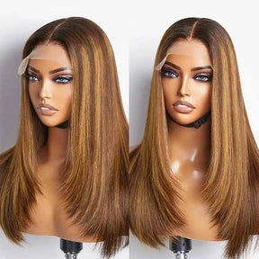 Layered Cut 4/27 Highlight Straight Human Hair Wigs Honey Blonde colored HD Lace Wig