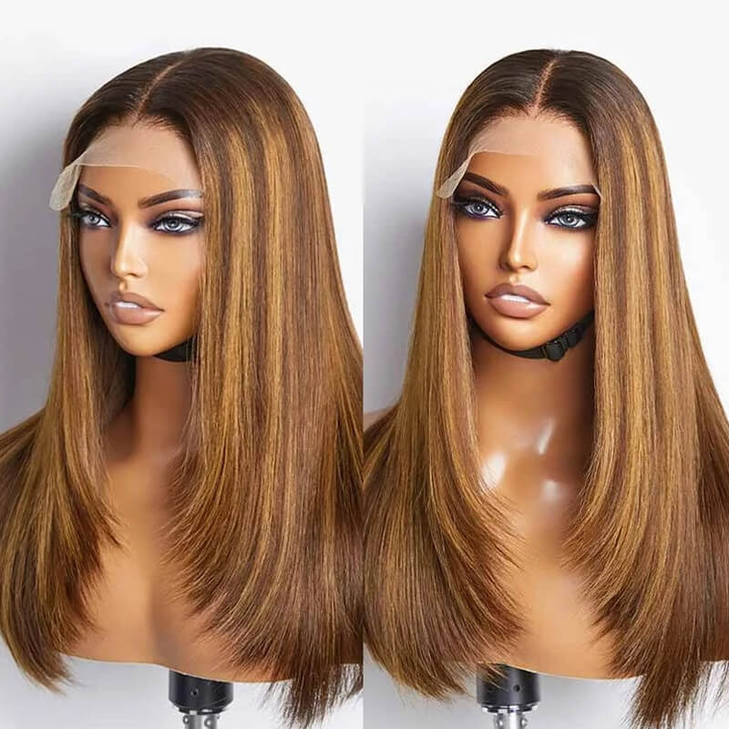 Layered Cut 4/27 Highlight Straight Human Hair Wigs Honey Blonde colored HD Lace Wig