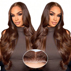 Pizazz New 4# Chocolate Brown Body Wave 13X6 HD Lace Human Hair Wigs Pre Plucked Hairline 180% Density