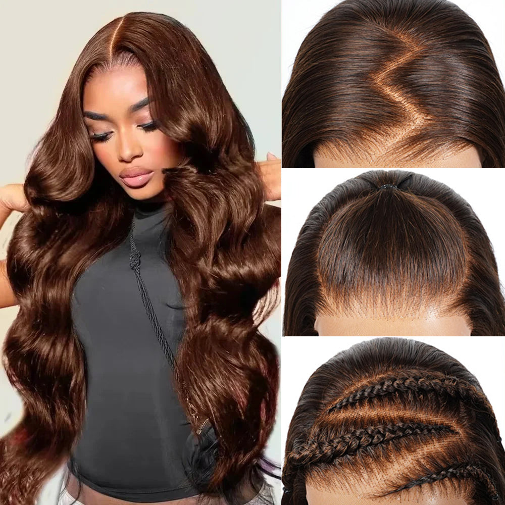 Pizazz New 4# Chocolate Brown Body Wave 13X6 HD Lace Human Hair Wigs Pre Plucked Hairline 180% Density