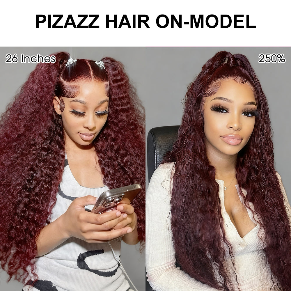Pizazz Hair Black Cherry Deep Wave/ Water Wave 13x6 HD Lace Glueless Drawstring Wig
