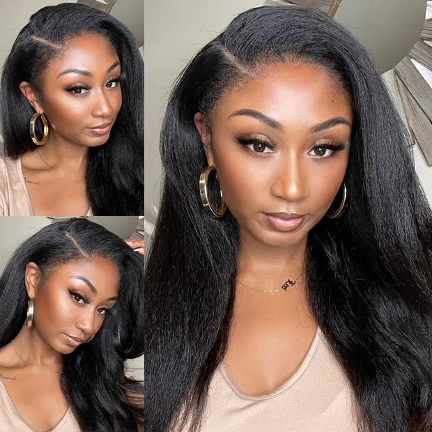 Pizazz Hair 4C Edges Invisi Strap Snug Fit 360 hd Lace Frontal Kinky Straight Wig with Pre Plucked Hairline Human Hair Wigs
