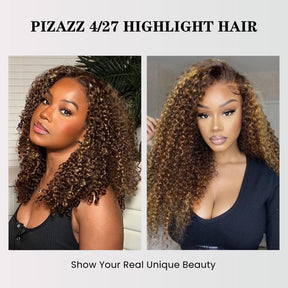 Pizazz 4C Edges Honey Blonde Highlight 4/27 Curly Kinky Edges 13x6 HD Lace Front Wig 100% Human Hair