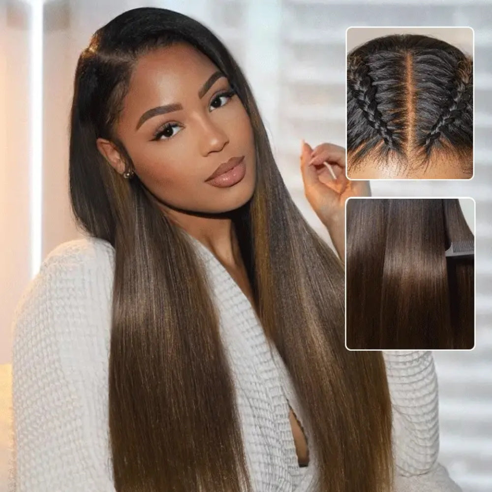 Pizazz Hair Chestnut Brown Ombre Yaki Straight Wig 8x5 Wear Go Glueless Human Hair Wigs 220% Density