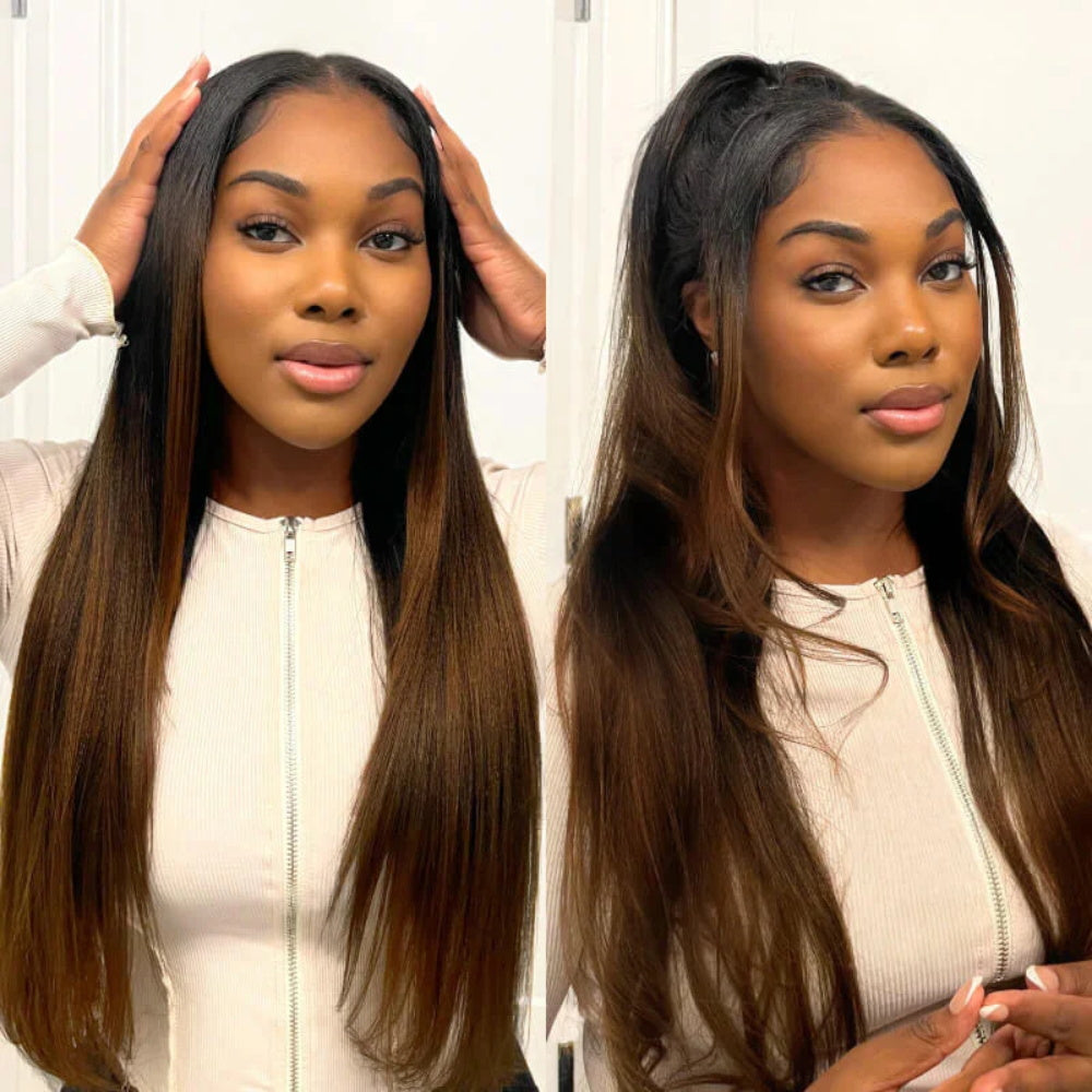Pizazz Hair Chestnut Brown Ombre Yaki Straight Wig 8x5 Wear Go Glueless Human Hair Wigs 220% Density