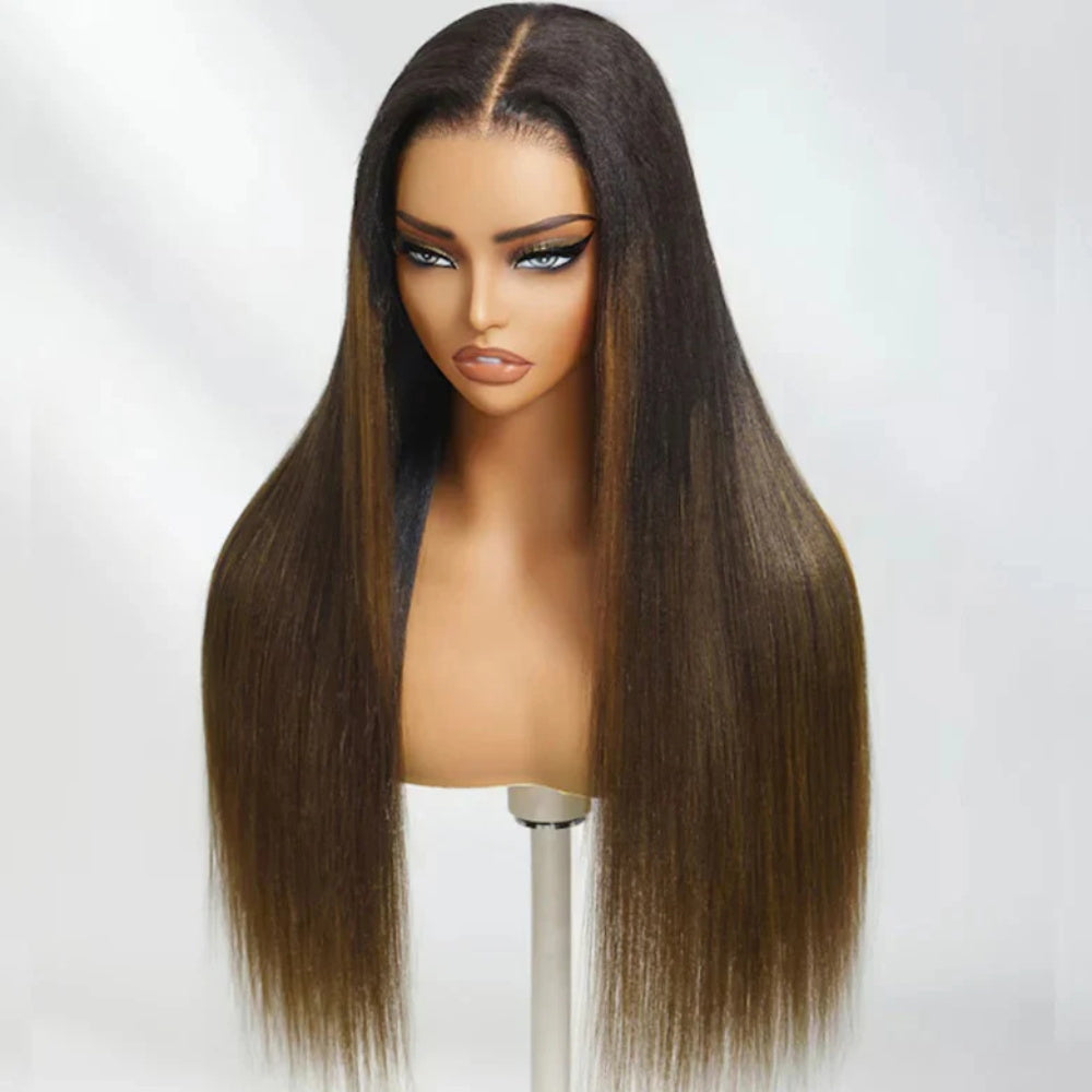 Pizazz Hair Chestnut Brown Ombre Yaki Straight Wig 8x5 Wear Go Glueless Human Hair Wigs 220% Density
