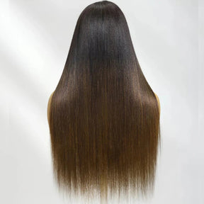 Pizazz Hair Chestnut Brown Ombre Yaki Straight Wig 8x5 Wear Go Glueless Human Hair Wigs 220% Density