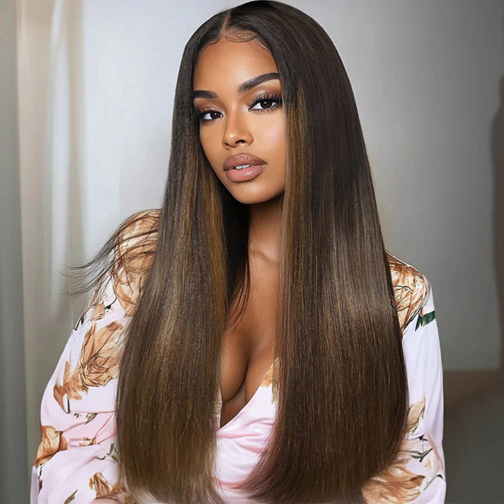 Pizazz Hair Chestnut Brown Ombre Yaki Straight Wig 8x5 Wear Go Glueless Human Hair Wigs 220% Density