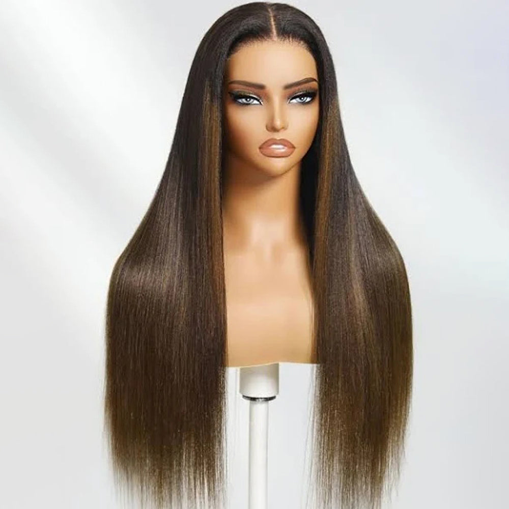 Pizazz Hair Chestnut Brown Ombre Yaki Straight Wig 8x5 Wear Go Glueless Human Hair Wigs 220% Density