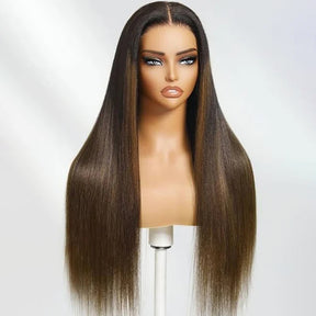Pizazz Hair Chestnut Brown Ombre Yaki Straight Wig 8x5 Wear Go Glueless Human Hair Wigs 220% Density