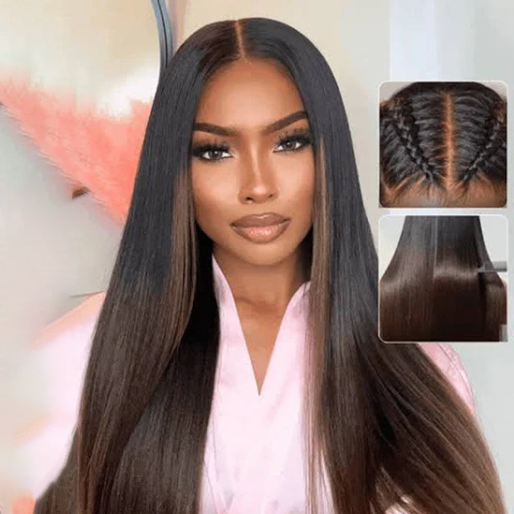 Pizazz Hair Chestnut Brown Ombre Yaki Straight Wig 8x5 Wear Go Glueless Human Hair Wigs 220% Density