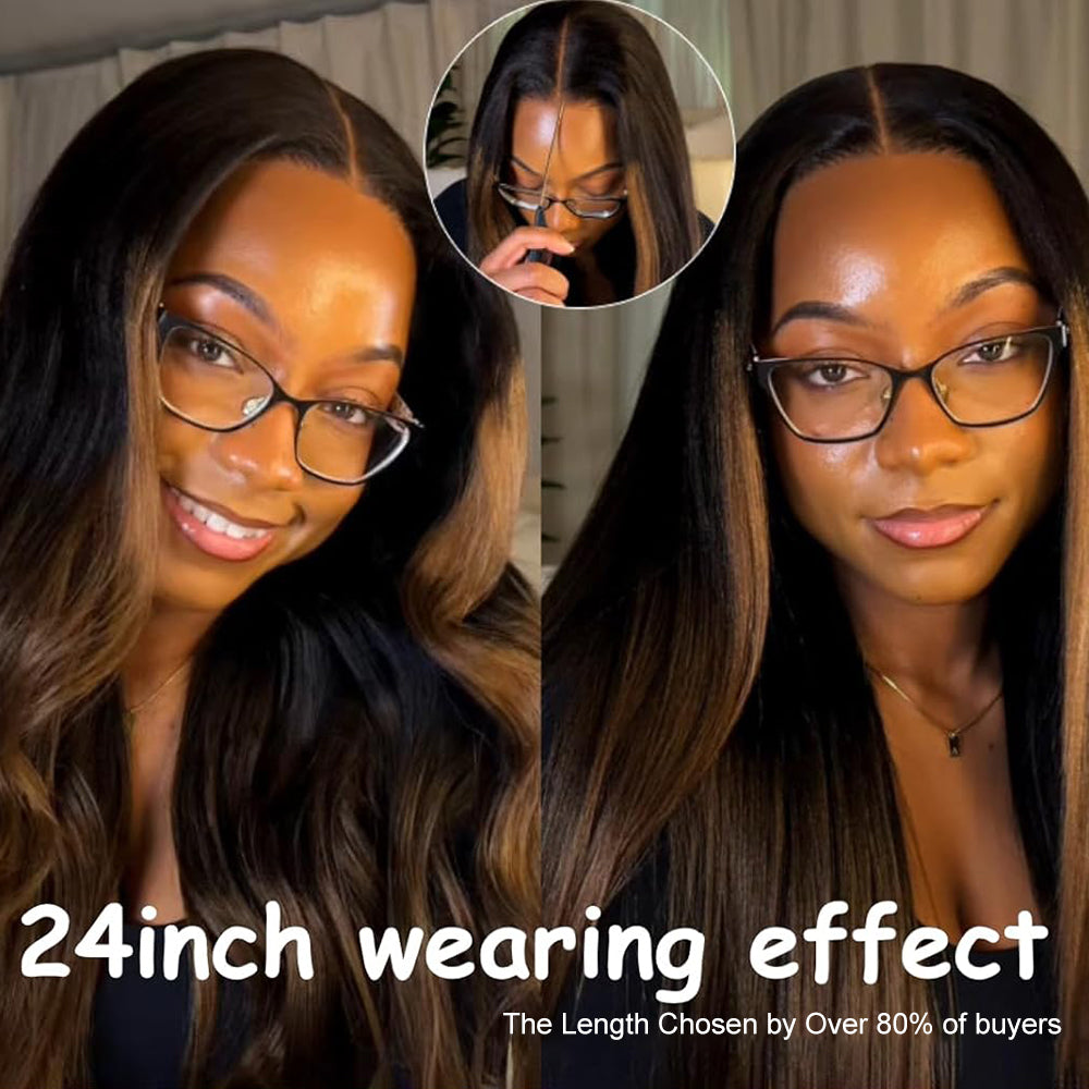 Pizazz Hair Chestnut Brown Ombre Yaki Straight Wig 8x5 Wear Go Glueless Human Hair Wigs 220% Density