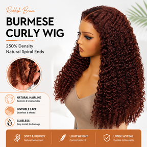 300% Density Glueless Burmese Curly 33 Reddish Brown 13x6 Pre Cut Lace Wear Go Wig