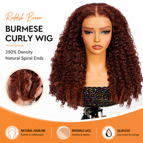 300% Density Glueless Burmese Curly 33 Reddish Brown 13x6 Pre Cut Lace Wear Go Wig