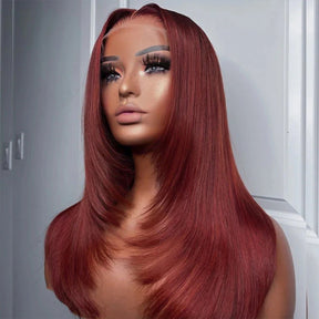 Reddish Brown Color #33 Feathered Layered Cut Straight Wigs HD Lace Human Hair Wig