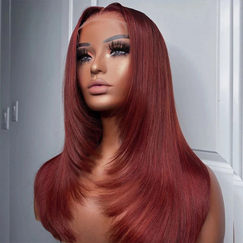 Reddish Brown Color #33 Feathered Layered Cut Straight Wigs HD Lace Human Hair Wig