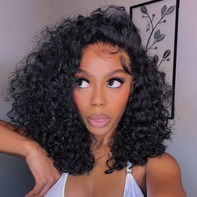 13x6 Glueless Short Bouncy Deep Curly Bob Wigs Human Hair HD Lace Wig Pre Bleached & Plucked 220% Density