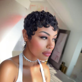 Natural Curly Short Pixie Layered Virgin Human Hair Wigs