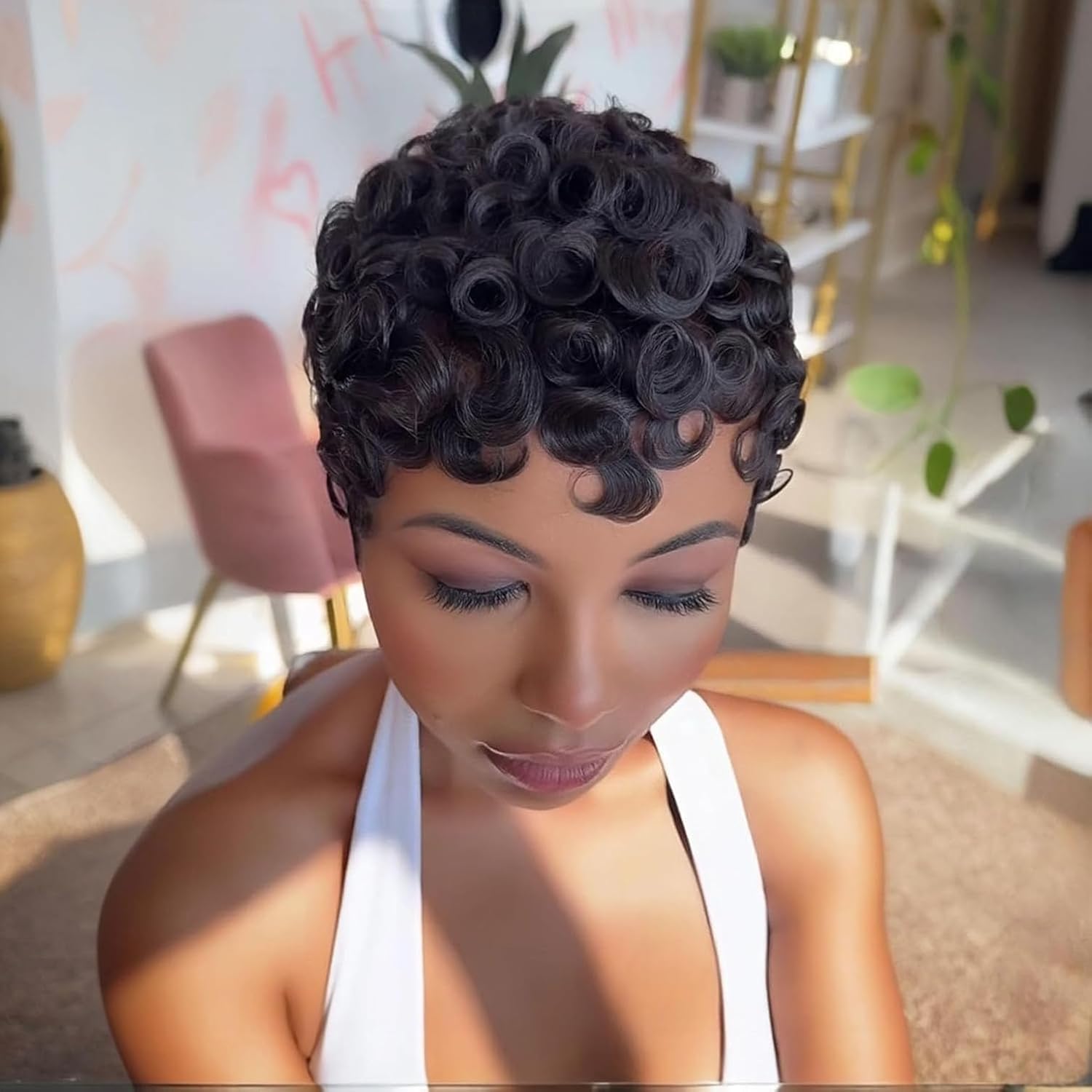 Natural Curly Short Pixie Layered Virgin Human Hair Wigs