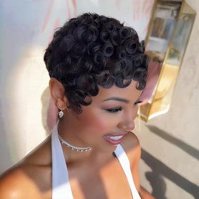 Natural Curly Short Pixie Layered Virgin Human Hair Wigs
