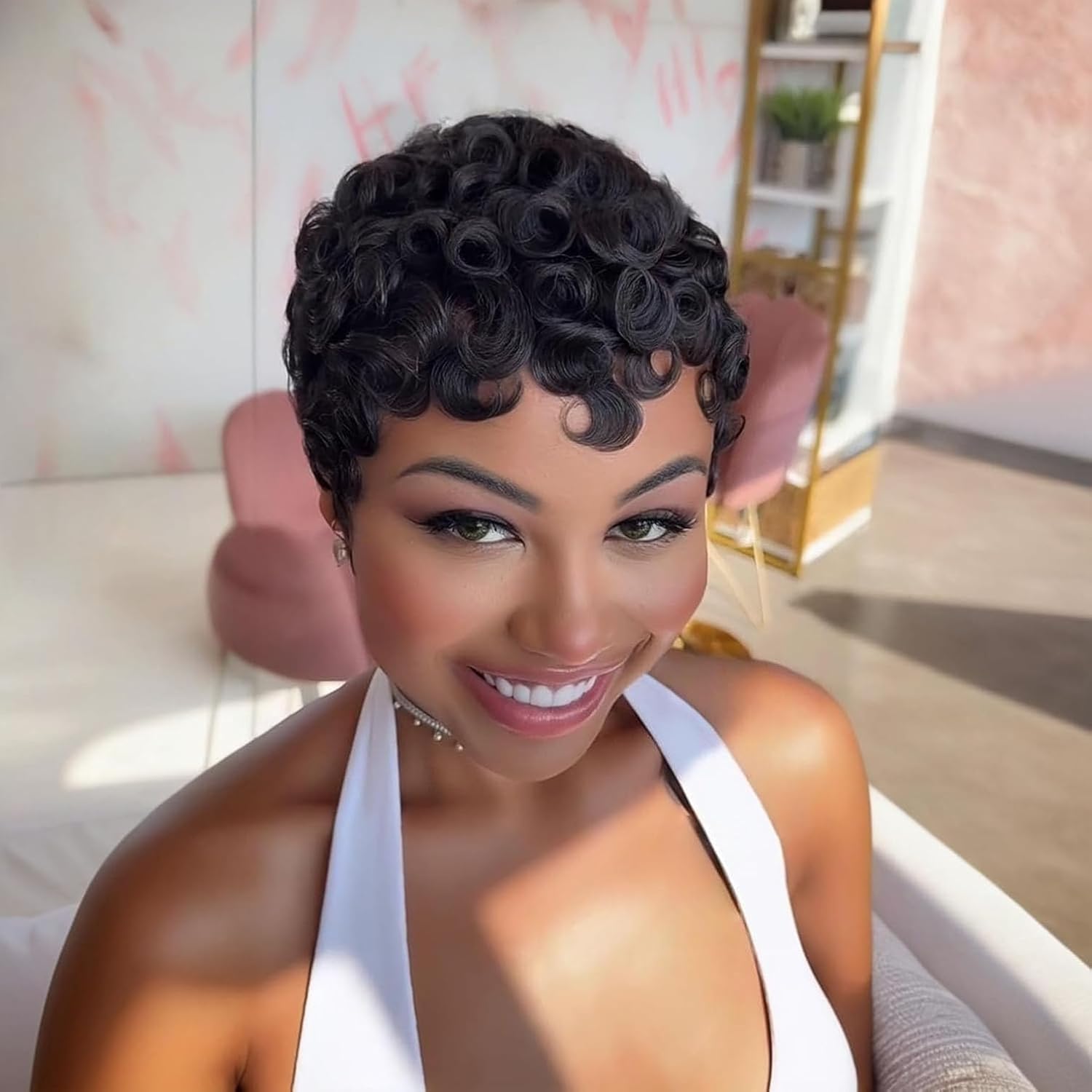 Natural Curly Short Pixie Layered Virgin Human Hair Wigs