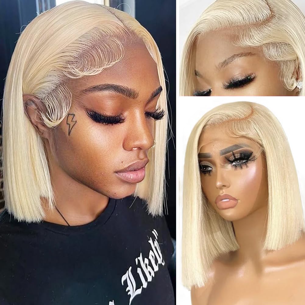 13x6 Lace Frontal Short 613 Blonde Bone Straight Bob Wig Pre Plucked Human Hair Wig
