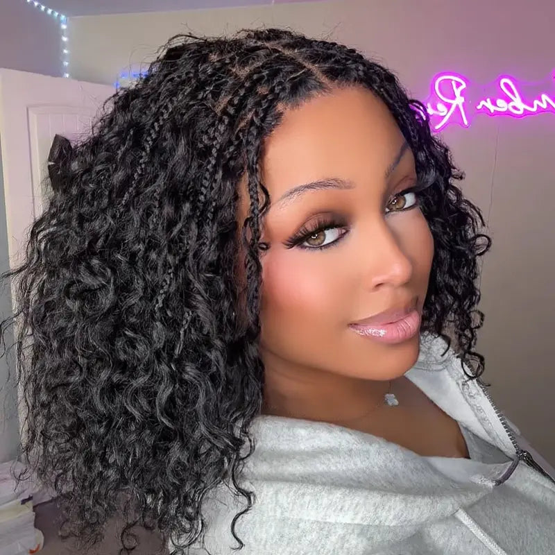 Short Boho Braids Bob Wig Water Wave Pre Cut 13x6 HD Full Lace Drawstring Human Hair