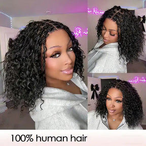 Short Boho Braids Bob Wig Water Wave Pre Cut 13x6 HD Full Lace Drawstring Human Hair