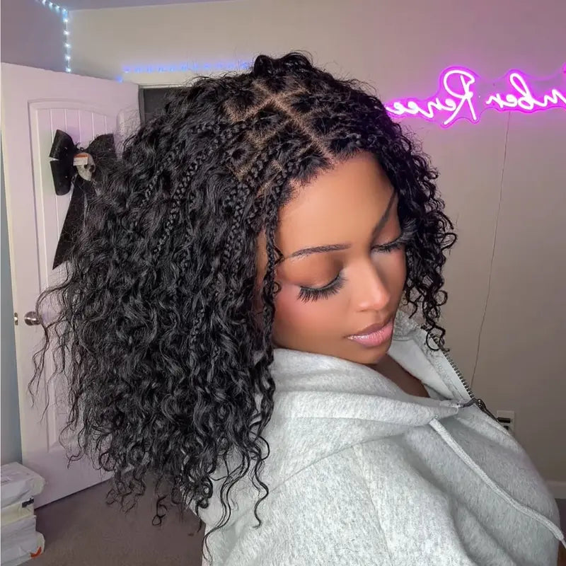 Short Boho Braids Bob Wig Water Wave Pre Cut 13x6 HD Full Lace Drawstring Human Hair
