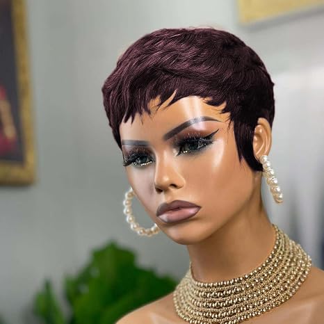 Short Layered Pixie Wigs With Bangs Dark 99j Color