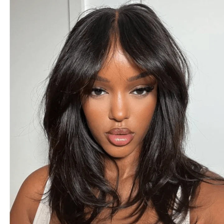 Pre‑Cut Glueless Wavy Layered Human Hair Wig With Curtain Bangs Ready To Wear
