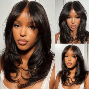Pre‑Cut Glueless Wavy Layered Human Hair Wig With Curtain Bangs Ready To Wear