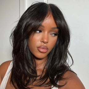 Pre‑Cut Glueless Wavy Layered Human Hair Wig With Curtain Bangs Ready To Wear