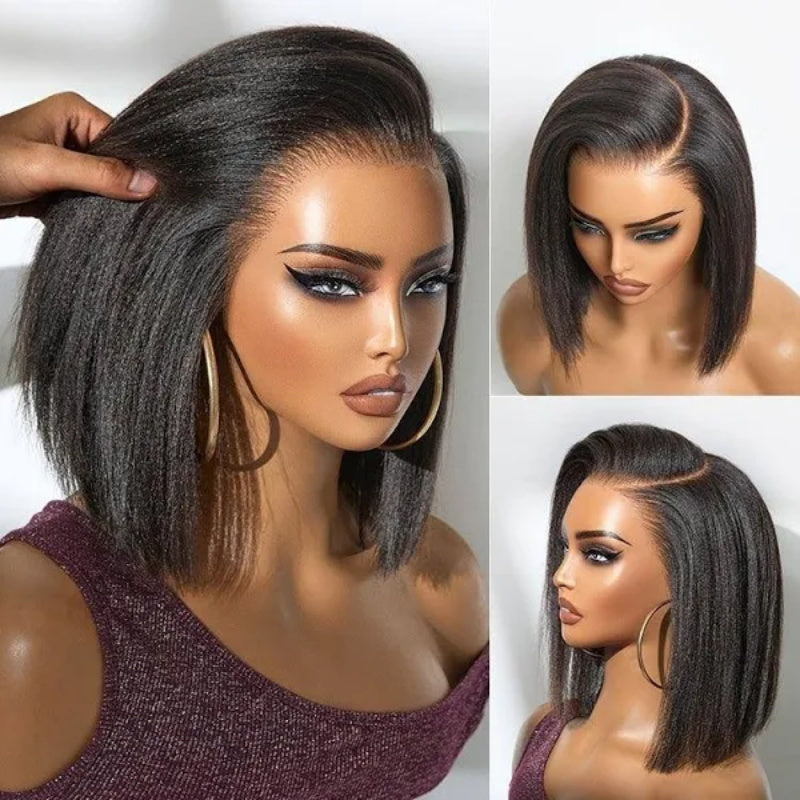 Pizazz Hair Glueless Chestnut Ombre Yaki Straight Bob Wig 8x5 Pre-Cut Lace Human Hair Wig
