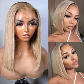 Ash Blonde-18# Bob Wigs Human Hair 220% Denstiy 13x4 HD Lace Frontal Human Hair Wig for Black Women Pre Plucked Straight Glueless Lace Front Short Bob Wigs 10 Inch
