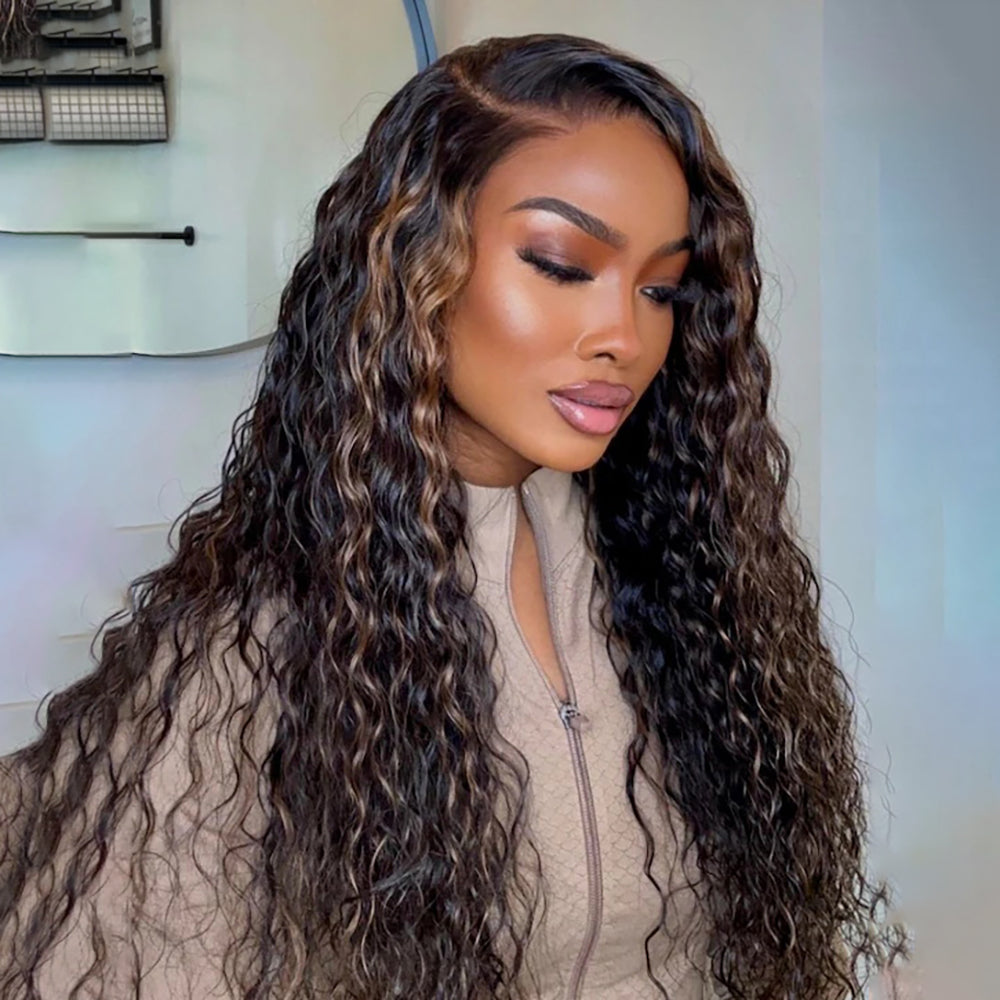 Golden Brown Highlight Wig Water Wave  8X5 Wear Go Pre Bleached Knots Plucked Hairline 220% Density