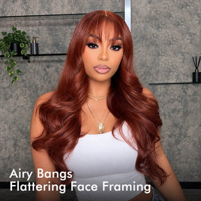 Reddish Brown Body Wave Wig With Bangs Pre Cut 5x5 HD Lace Closure Wig Glueless Human Hair Wig Easy to Wear