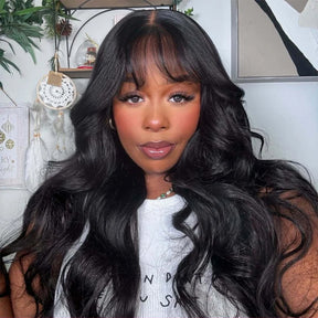 Body Wave Wig with Bangs Pre Cut 5x5 HD Lace Closure Wig Glueless Secure Drawstring Human Hair Wig