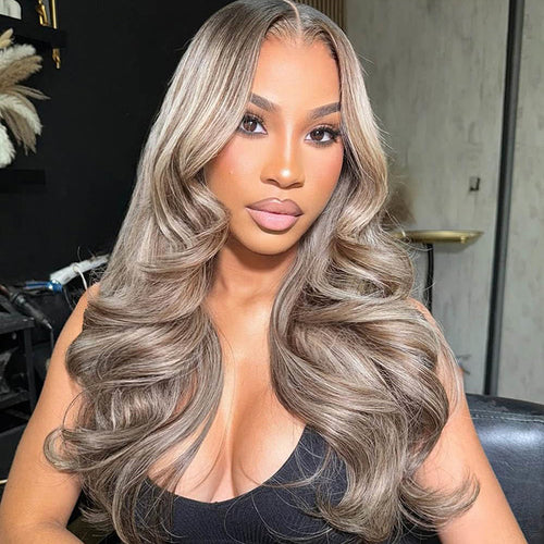 Ombre Milk Tea Ash Blonde with Brown Highlights 13x6 HD Lace Front Human Hair Wig Body Wave With Drawstring