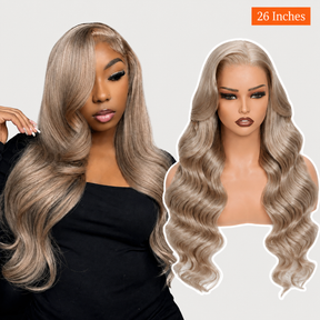 Pizazz Hair Ash Blonde 18# Color Body Wave Human Hair 13x6 HD Lace Frontal Glueless Wigs 180% Density