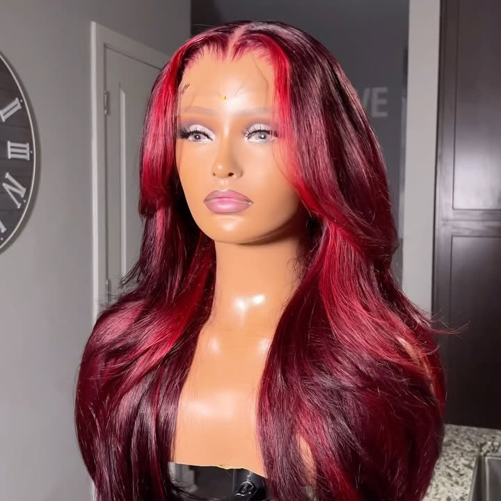 Highlight Red Mix Burgundy  Loose Body Wave Wigs Glueless HD Lace Human Hair Wigs