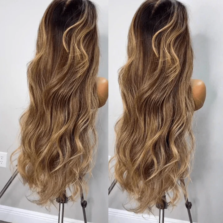 Honey Blonde Mix Brown Highlight Body Wave Glueless 13x4 HD Transparent Lace Front Human Hair Wig Pre‑Plucked Pre‑Cut Lace