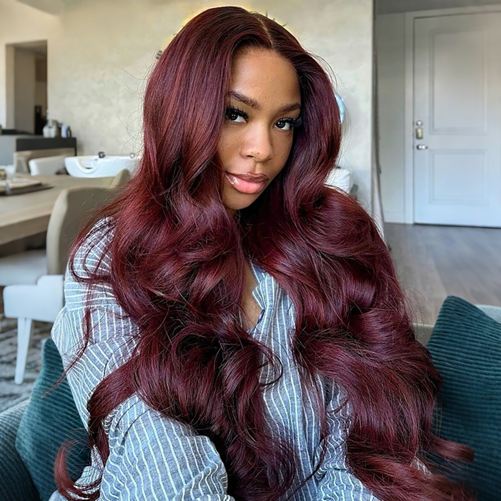 Pizazz Hair Black Cherry Curtain Bangs Body Wave Human Hair 8x5 Pre Cut Lace Glueless HD Lace Wigs  180% Density