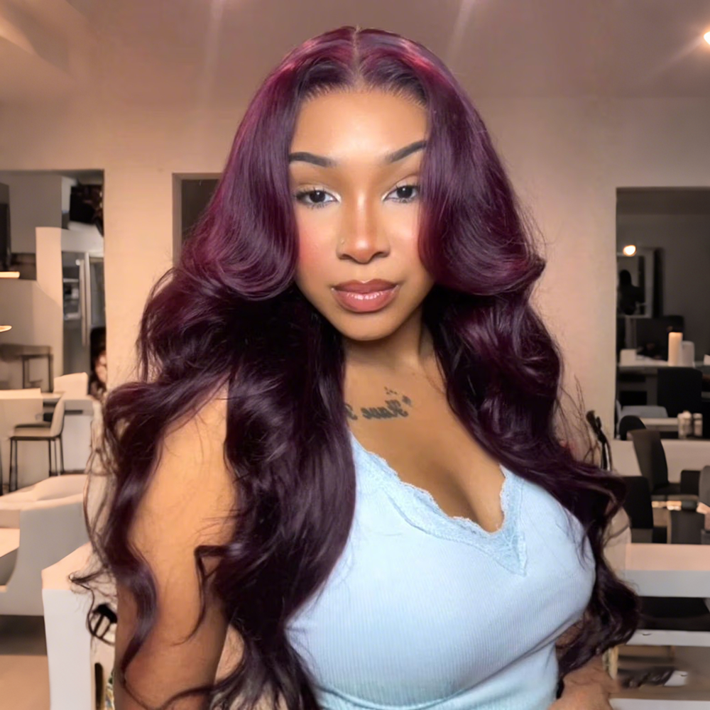 Pizazz Hair Black Cherry Curtain Bangs Body Wave Human Hair 8x5 Pre Cut Lace Glueless HD Lace Wigs  180% Density