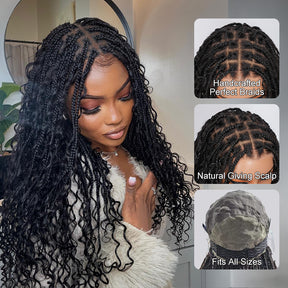 Full Lace Boho Braided Wigs Human Hair Blended Synthetic Braids Flexi-Fit Invisi Drawstring Cap Bohemia Pre Cut Lace Plucked Natural Scalp 26 Inches